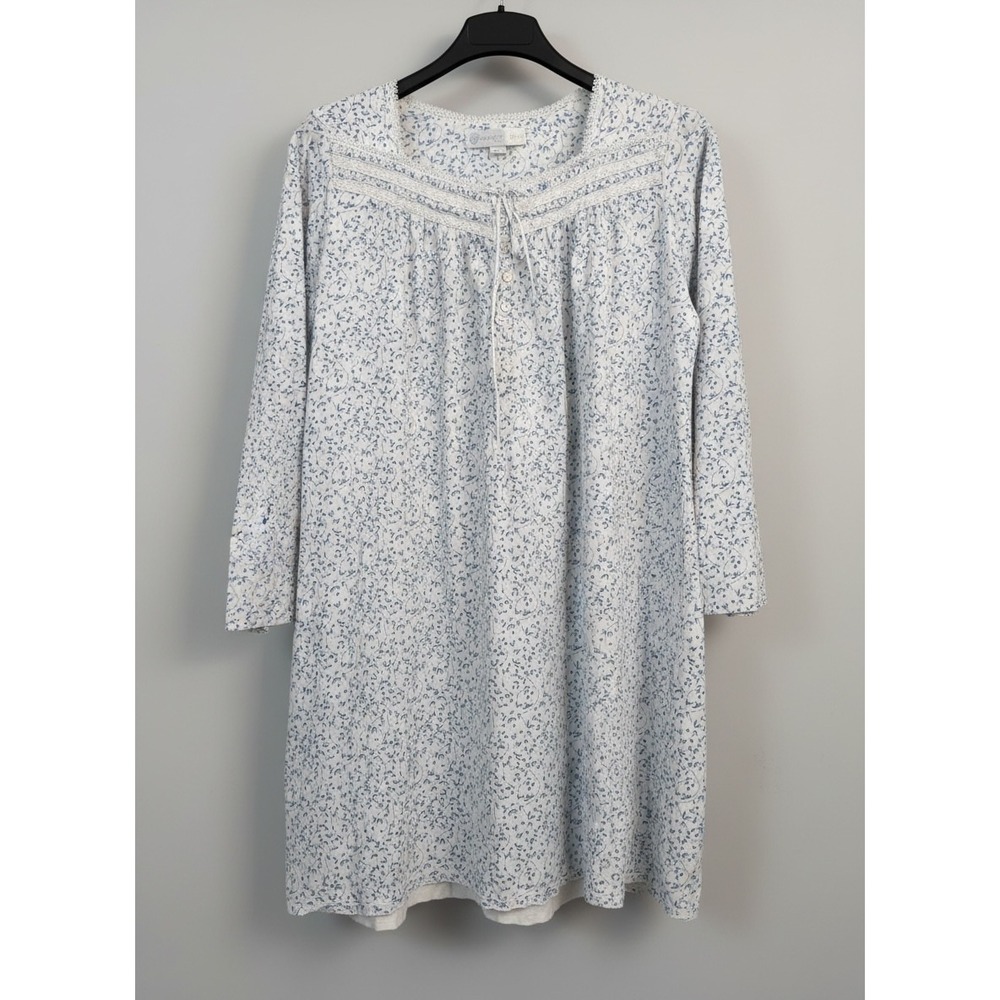 Eileen West Blue White Floral Cotton Knit Long Sleeve Nightgown Lace Trim Large
